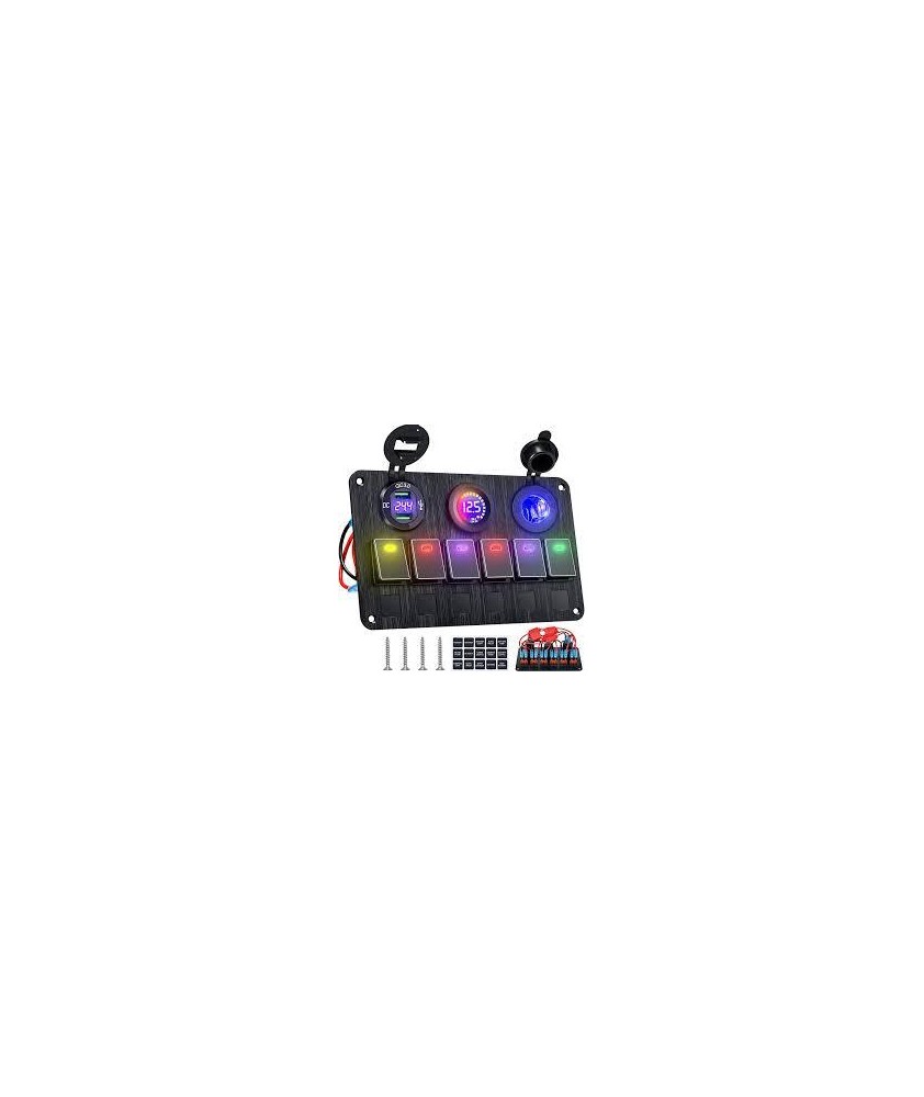 Tableau éléctrique Multicolors 6 Inter+2USB+allume cigare+voltmetre 12/24V Tableau éléctrique Multicolors 6 Inter+2USB+allume cigare+voltmetre 12/24V