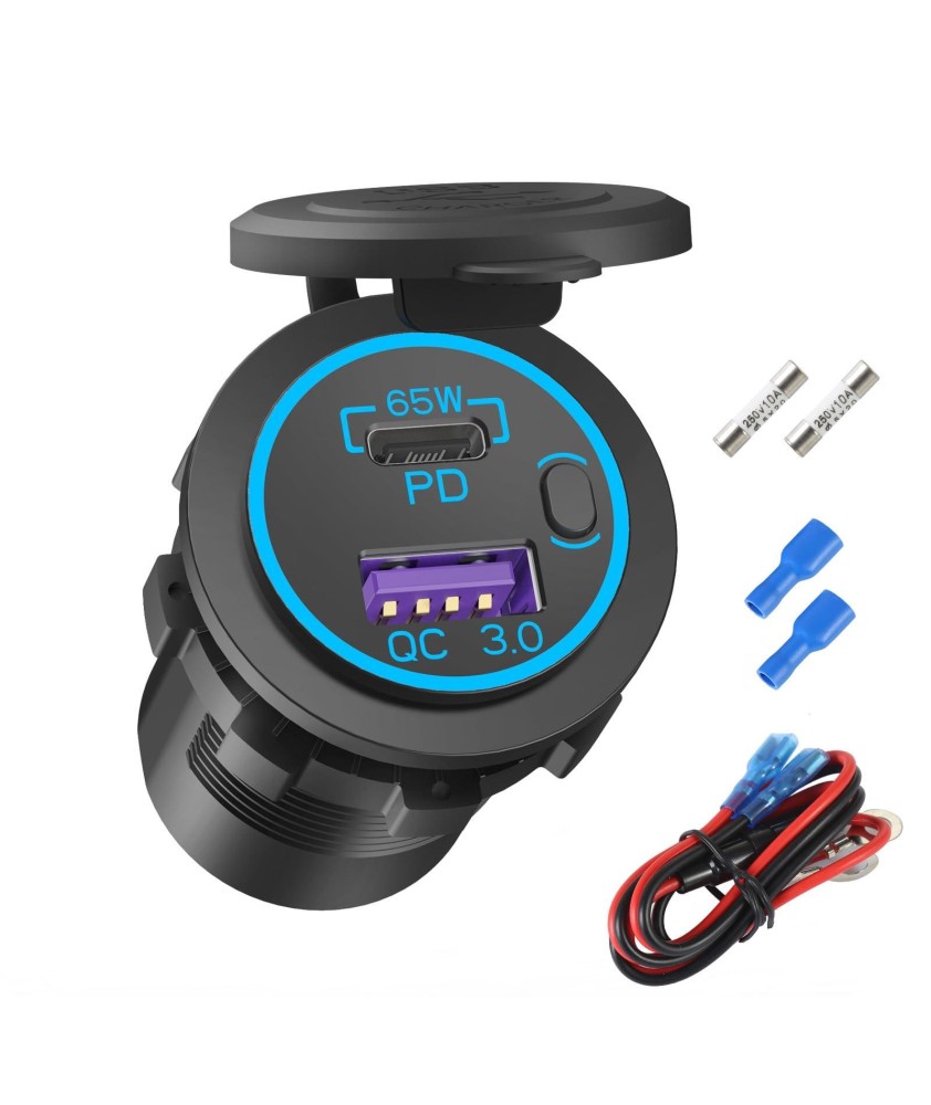 USBC 65W + USB 18W +ON/OFF ROND ETANCHE LED BLEU 12V/24V